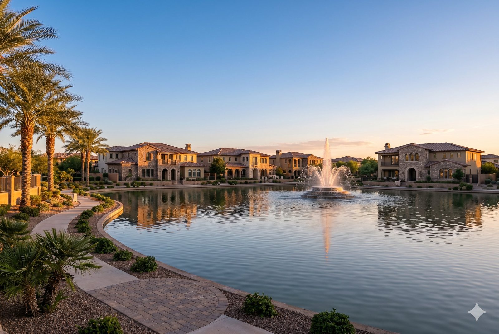 Lakefront Mediterranean-style homes around a tiered fountain in Fulton Ranch, Chandler, Arizona at golden hour