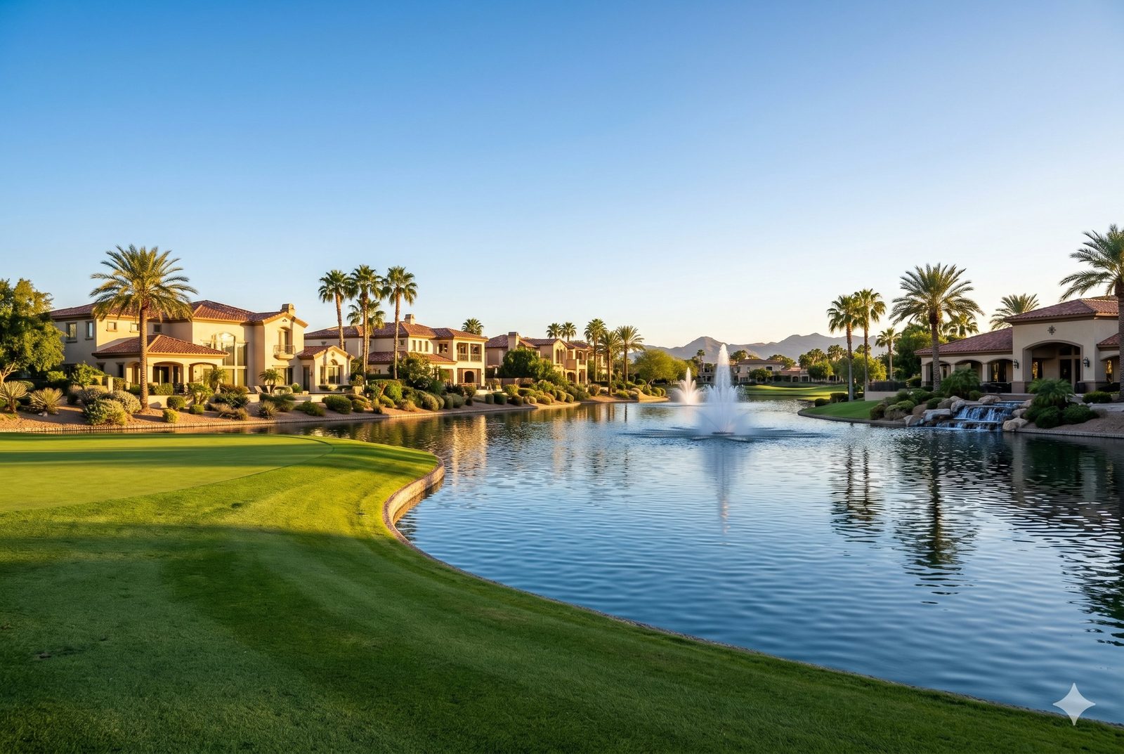 Golf fairway meeting a fountain lake with tile-roof homes and mountains beyond in Ocotillo, Chandler, Arizona at golden hour