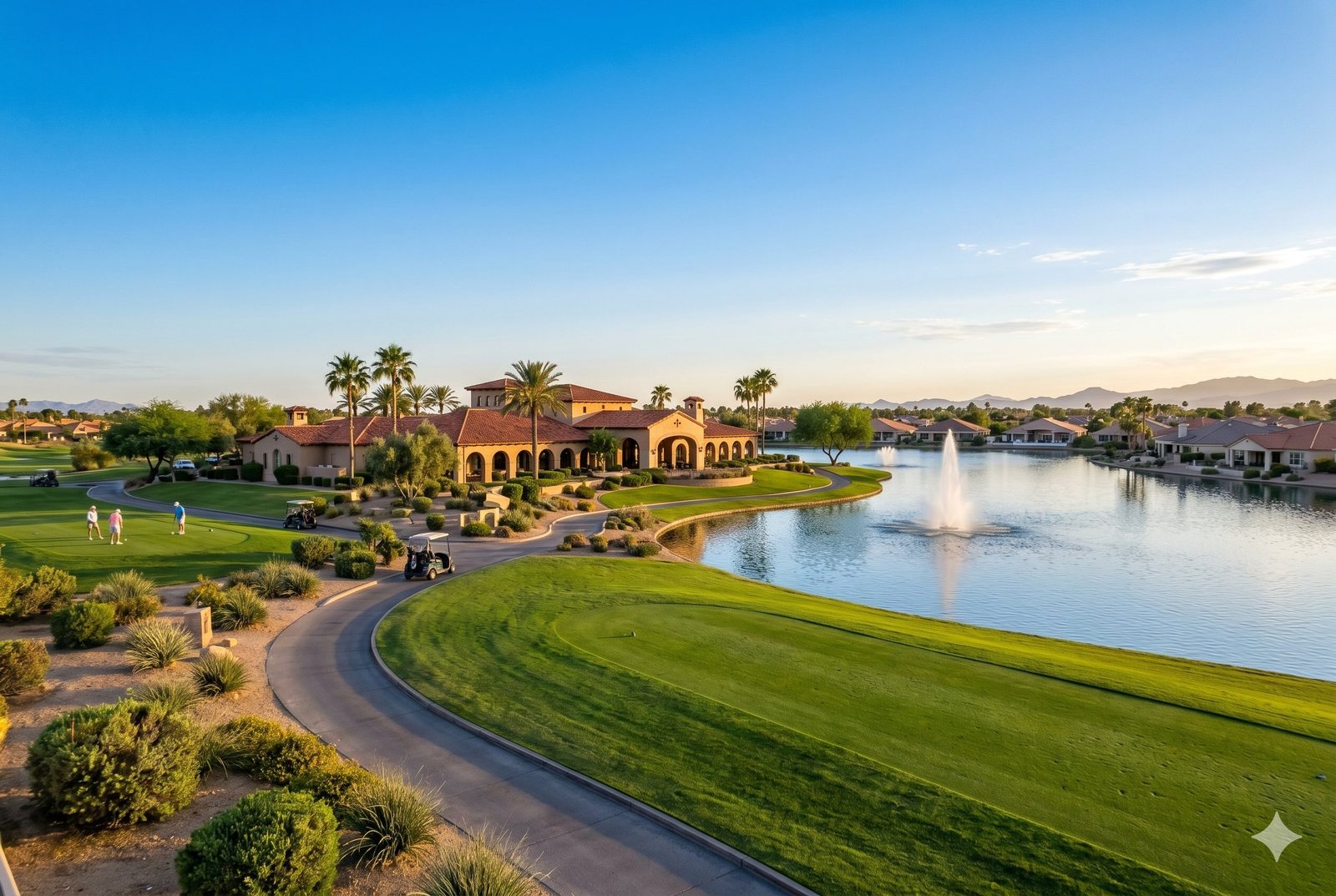 Golf course clubhouse beside a fountain lake with single-story homes in Sun Lakes, Chandler, Arizona