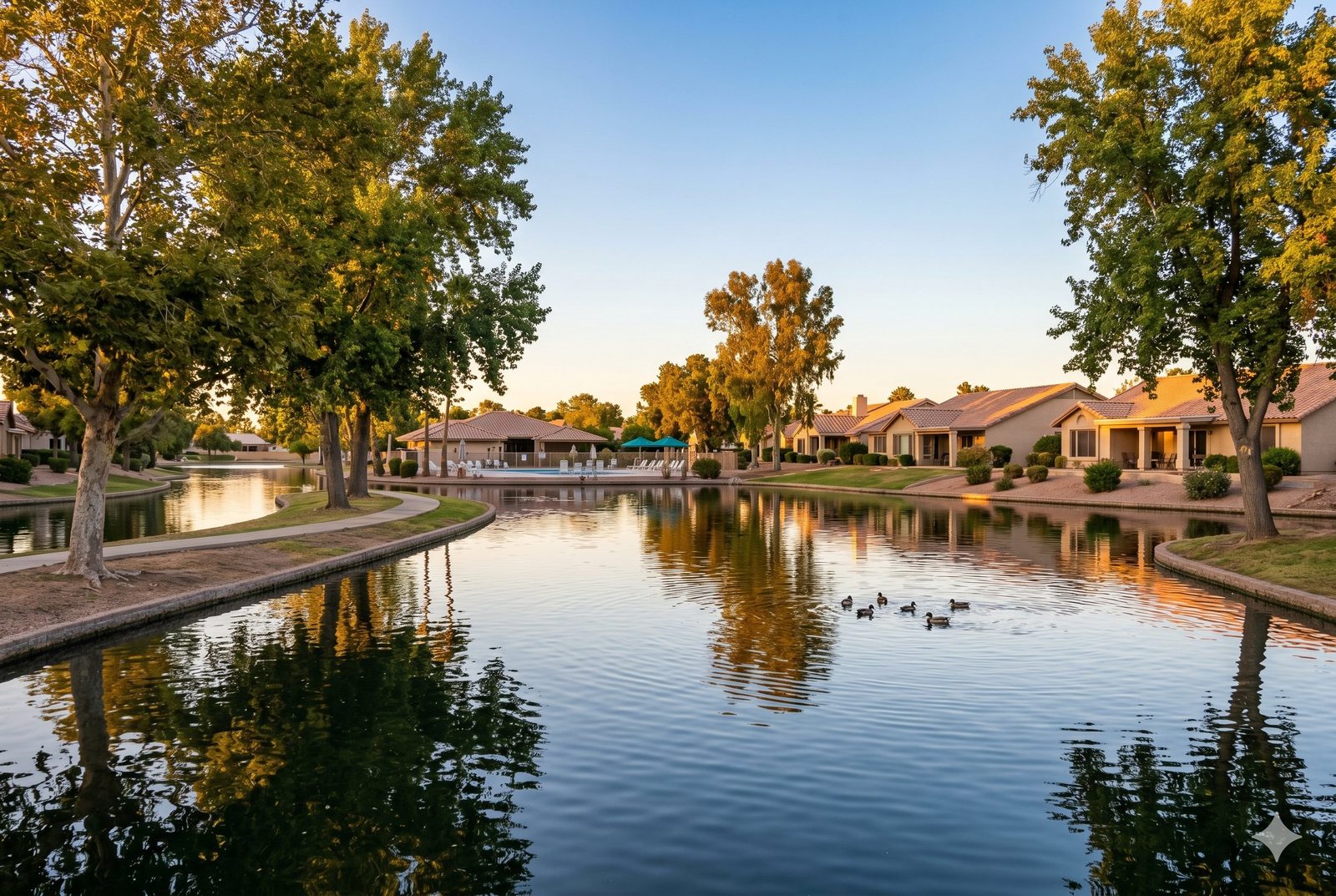 Lakeside single-story homes and a community pool reflected in a Dobson Ranch lake at golden hour, Mesa, Arizona
