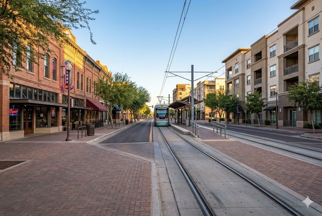 Light rail train on Main Street past historic brick storefronts and modern apartments in Downtown Mesa, Arizona