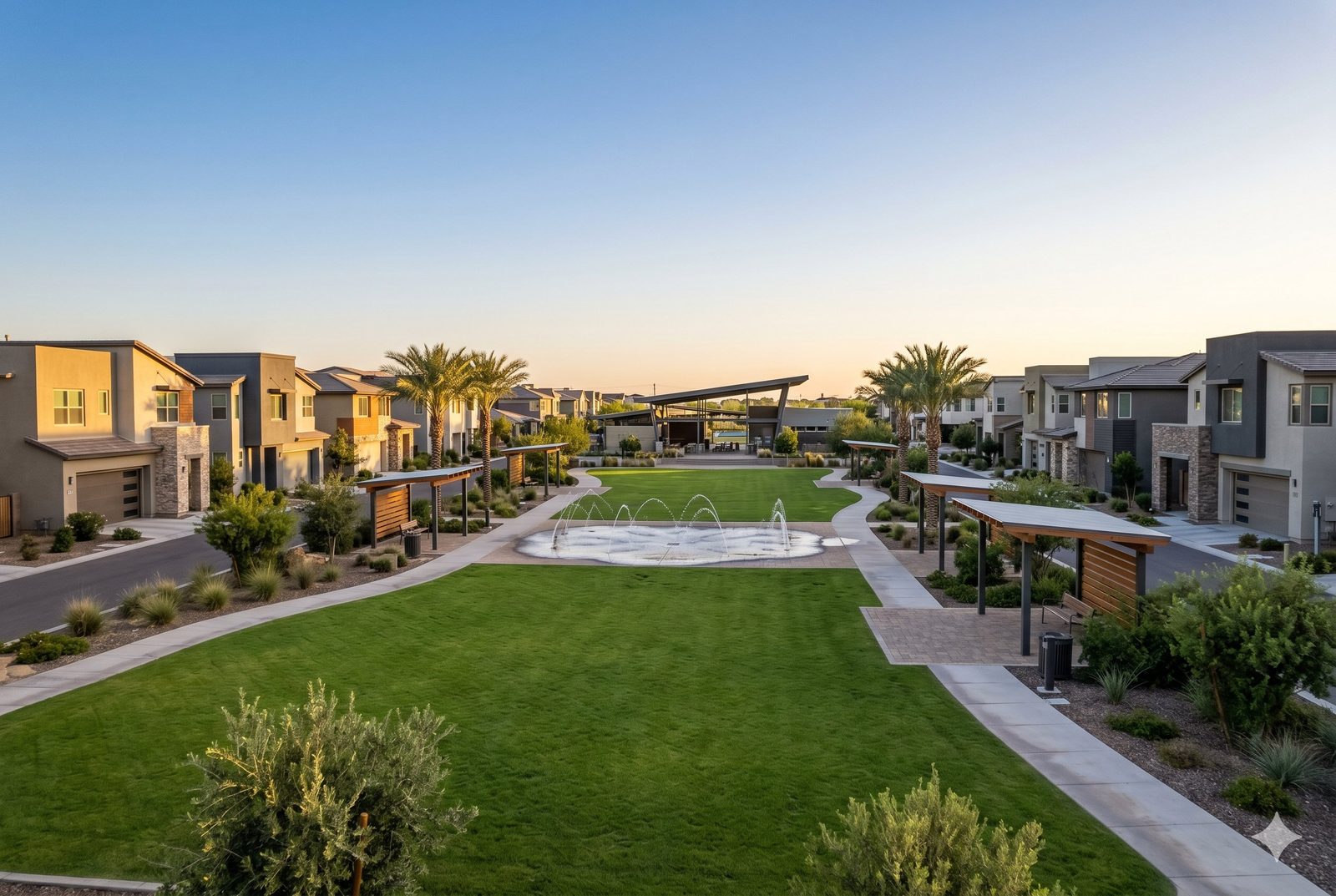 Modern two-story homes around a central green with a splash pad in Eastmark, Mesa, Arizona