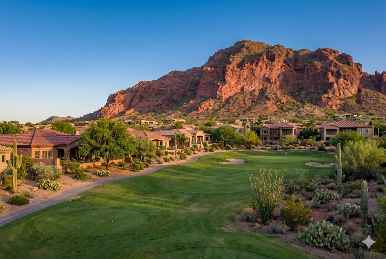 Golf course fairway and tile-roof homes below a red rock mountain in Red Mountain Ranch, Mesa, Arizona