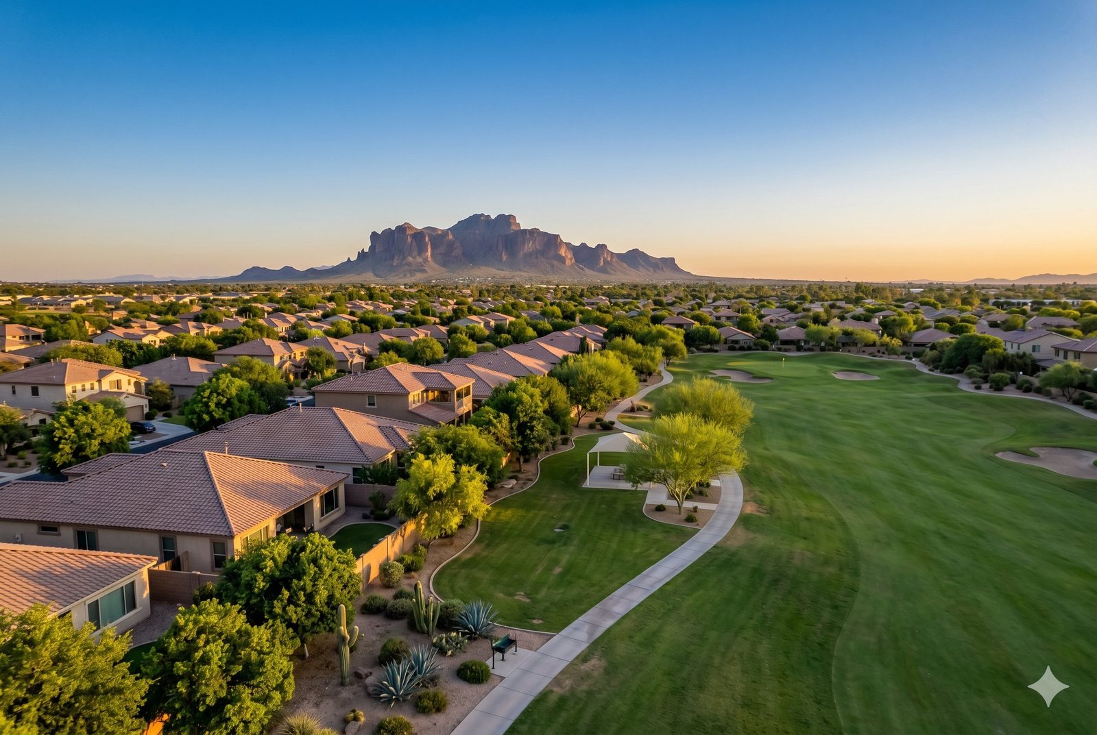 Aerial view of a Superstition Springs neighborhood and golf course with the Superstition Mountains behind, Mesa, Arizona